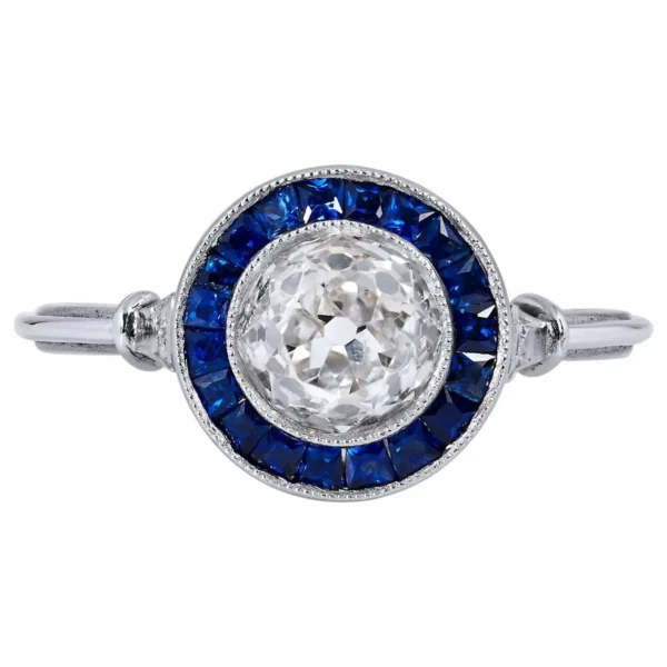 Art Deco Style 1.16 Carat Old European Cut Diamond Sapphire Platinum Ring 6.5