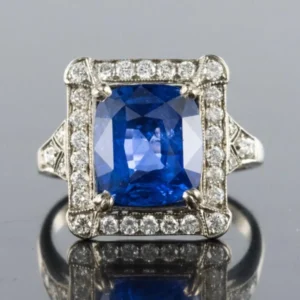 Art Deco Style French 5 Carat Ceylon Sapphire Diamond 18 Karat White Gold Ring