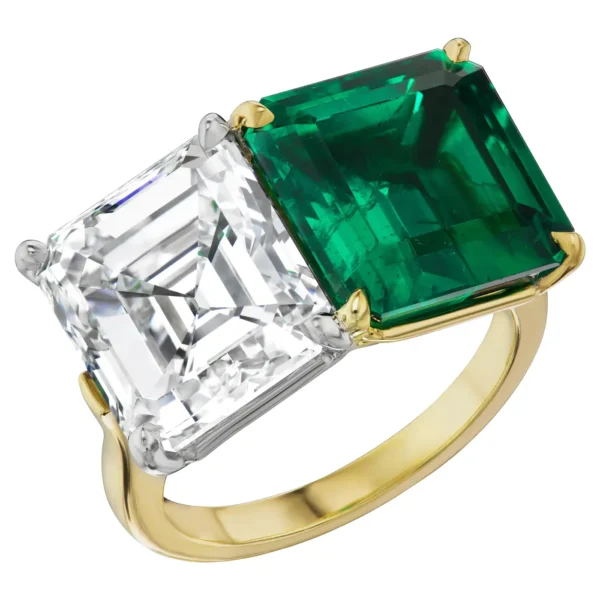 Bulgari Twin Ring 5.79ct Emerald and 7.25ct Diamond 18k Gold and Platinum