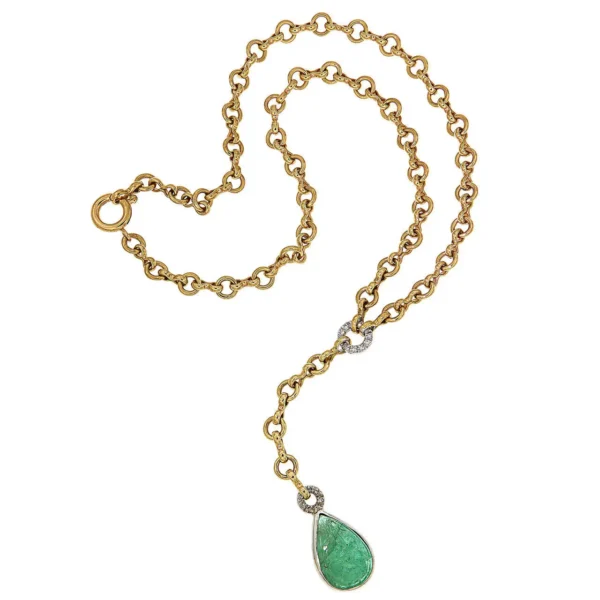 Cabochon Green Emerald Diamonds Yellow Gold Drop Necklace Made In Italy