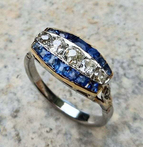 1920's Art Deco Diamond Sapphire and Platinum Plaque Ring - Image 7