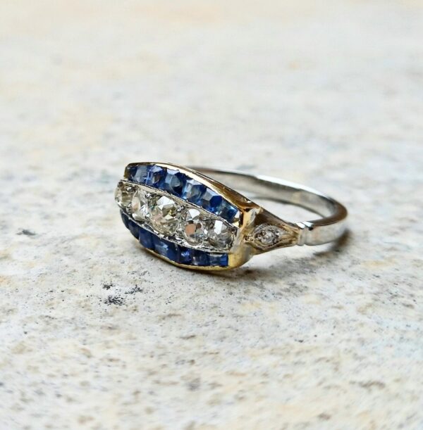 1920's Art Deco Diamond Sapphire and Platinum Plaque Ring - Image 9