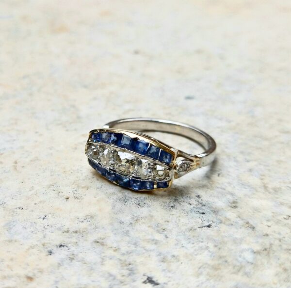 1920's Art Deco Diamond Sapphire and Platinum Plaque Ring - Image 15