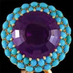 Cartier Paris Large Round Diamond Amethyst Turquoise Brooch