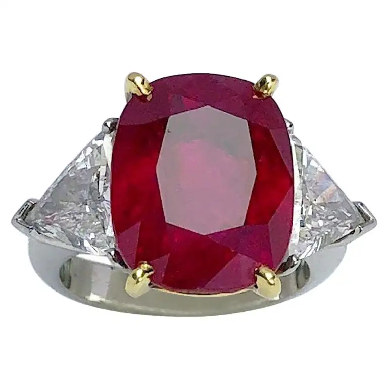 Cellini 13.26CT Cushion Burmese Ruby Three-Stone Ring with 2.37 Carat Diamonds