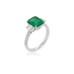 Certified Colombian Emerald White Diamond 18K Three-Stone Engagement Ring