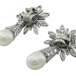 Diamond Natural Saltwater Pearl Platinum Earrings