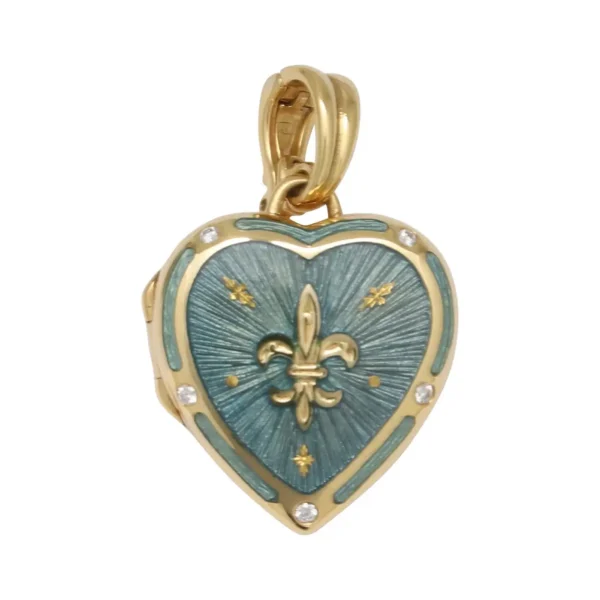 Fabergé 18k Yellow Gold Heart Locket Light Blue Enamel 4 Diamonds 0,075 Ct G/IF