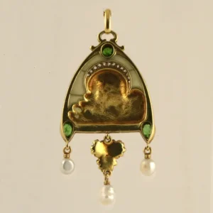 French Art Nouveau Peridot Diamond Gold and Plique-a-Jour ”Juliet” Pendant