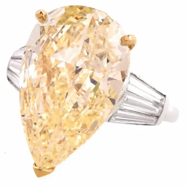 GIA 13.41 Carat Natural Fancy Pear Diamond with Baguette Platinum and Gold Ring