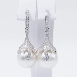 South Sea Pearl Diamond Drop Earrings 0.73 Carats 12-13 MM 18K White Gold