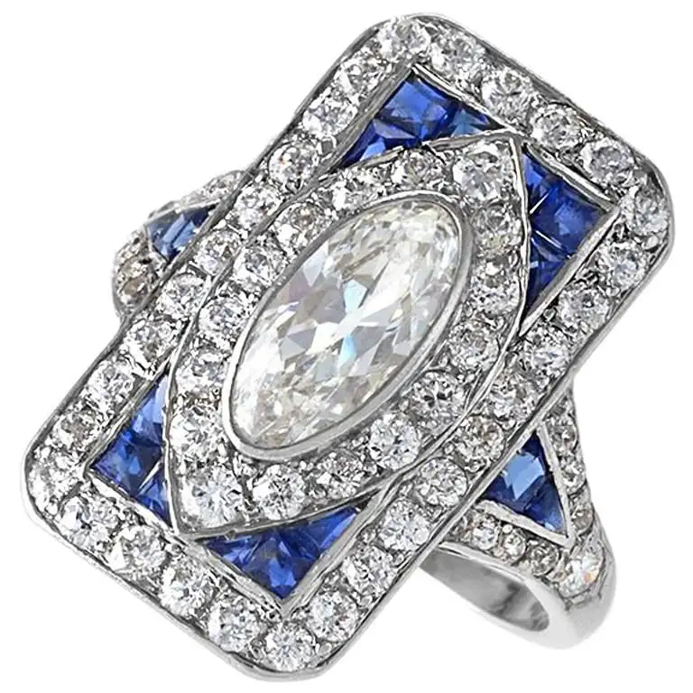1920's Art Deco Diamond Sapphire and Platinum Plaque Ring