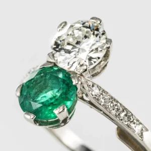 Buy 1930s French Platinum Art Deco Emerald Diamond “You and Me” Ring