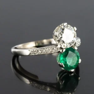 Buy 1930s French Platinum Art Deco Emerald Diamond “You and Me” Ring