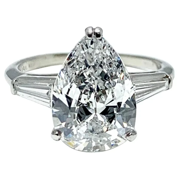 3.14 Carat D SI1 Pear Shape Diamond and Baguette Diamond Platinum Ring