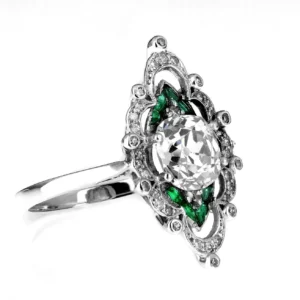 Antique Edwardian Old Cut Cushion Diamond 2.0cts & Emerald Ring in Platinum