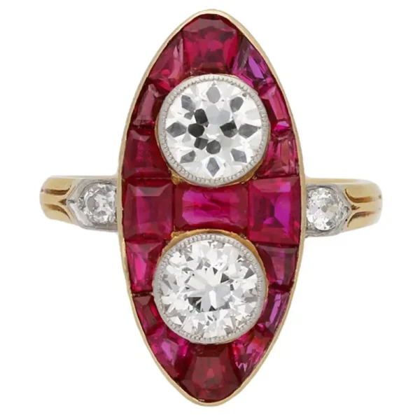 Antique Natural Unenhanced Marquise Ruby Diamond Ring, circa 1900