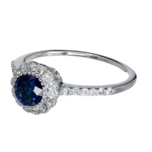 Royal Blue Sapphire Halo Diamond Gold Engagement Ring