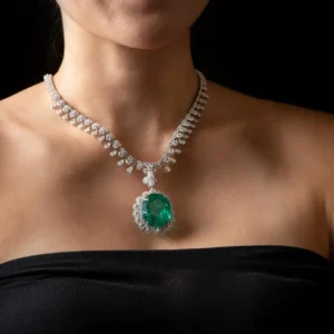 No Oil Colombian 69 Ct Emerald Platinum Award Oval Luxury Necklace