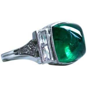 Platinum Art Deco Style Sugarloaf Emerald and Diamond Ring Engagement Ring