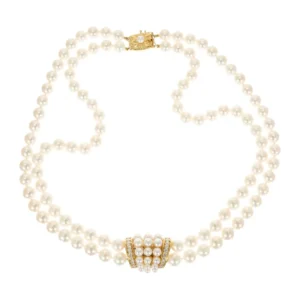 Mikimoto Double Strand Cultured Pearl Diamond Gold Necklace