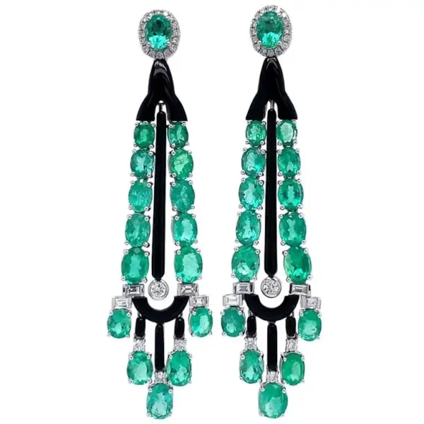 Ruchi New York Black Agate Emerald and Diamond Drop Earrings